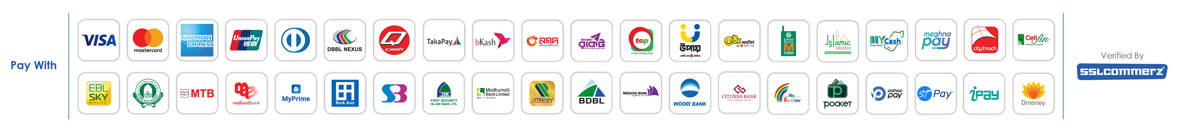 Pay with Visa, Mastercard, American Express, bKash, Nagad, Rocket, Upay and more — verified by SSLCommerz