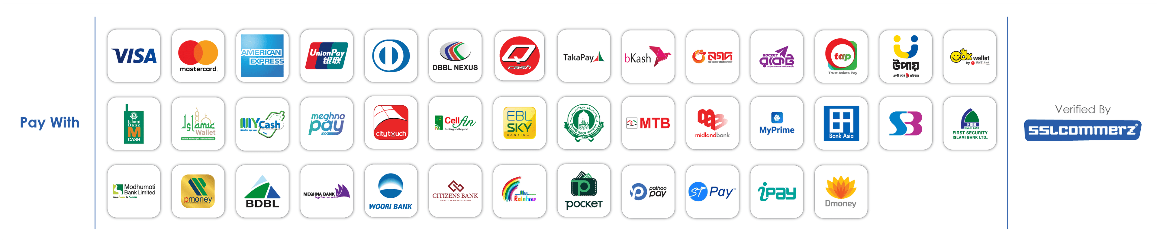 Pay with Visa, Mastercard, American Express, bKash, Nagad, Rocket, Upay and more — verified by SSLCommerz